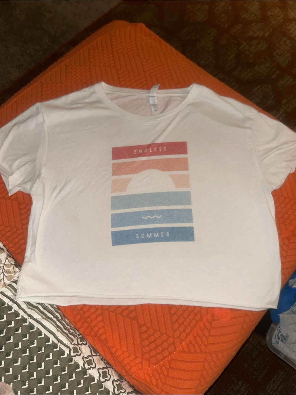 White Graphic Tee with Pastel Sunset Stripes - "Endless Summer" Crop
